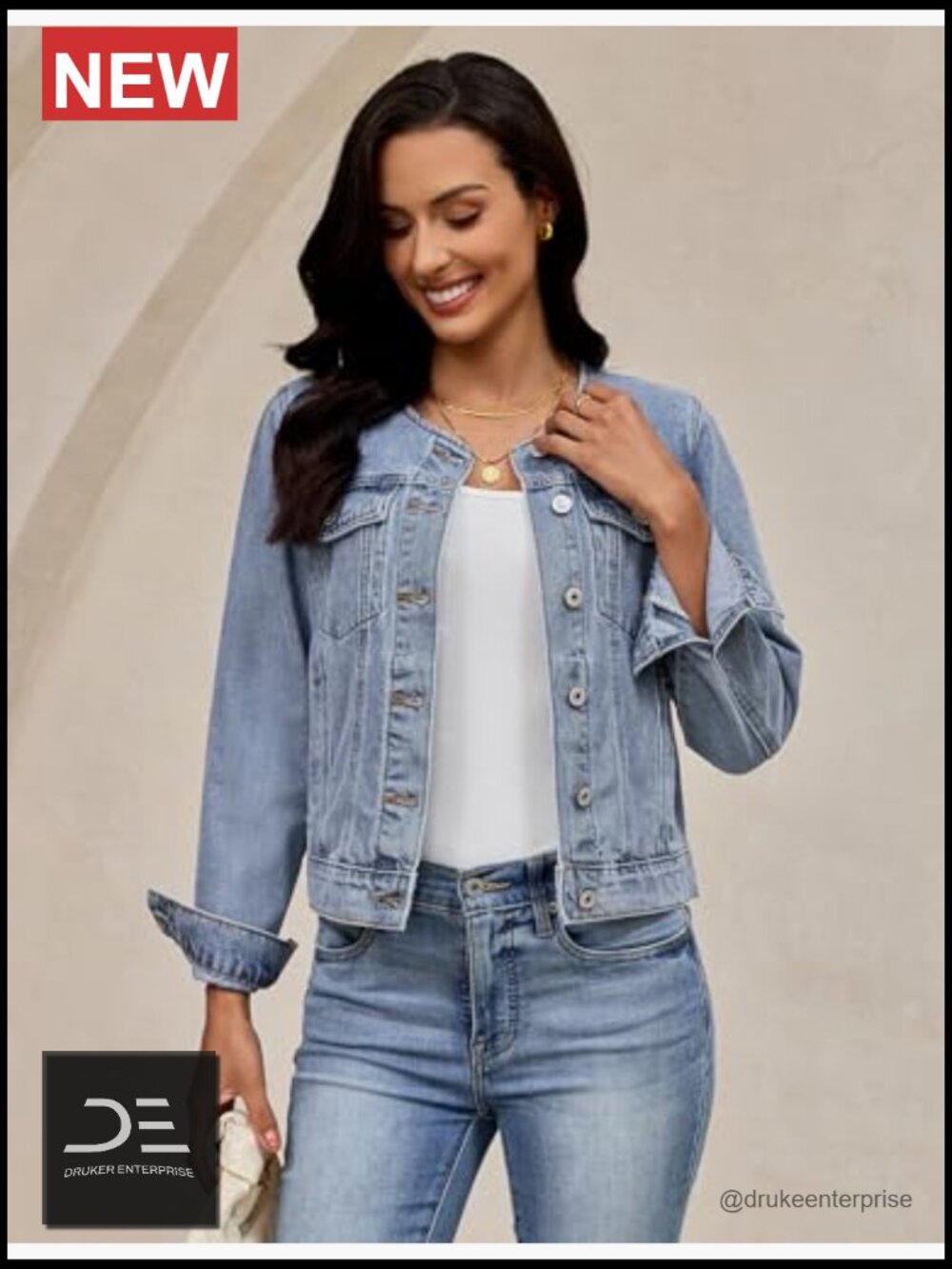 Collarless Button Down Long Sleeve Casual Western Denim Jacket Country Concert - Picture 2 of 7